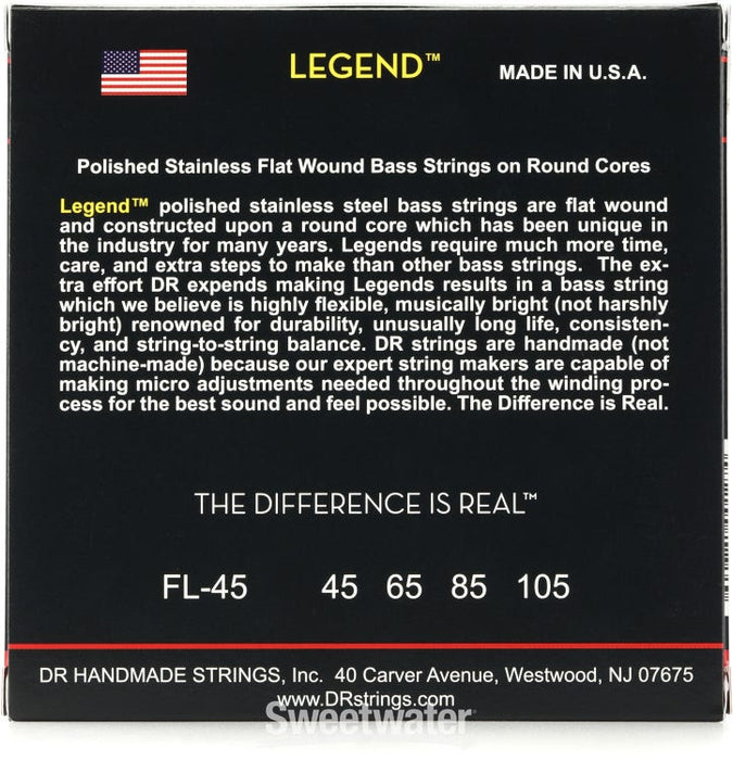 DR Strings Legend Polished Flatwound Stainless Steel Bass Strings - Medium Gauge .045-.105